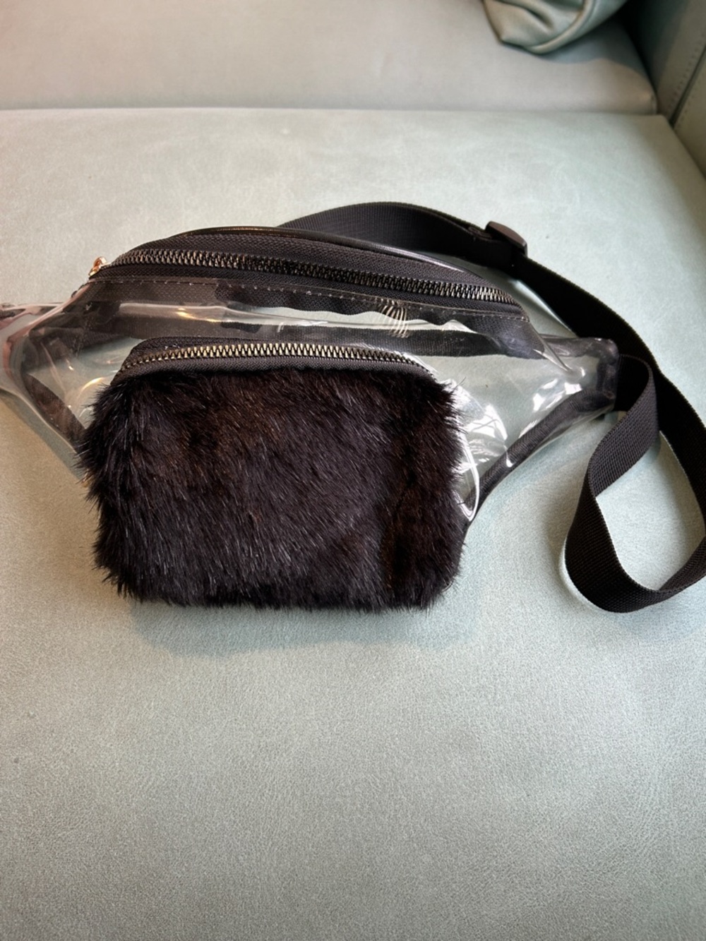 Clear Vinyl Belt Bag with Black Faux Fur Pocket